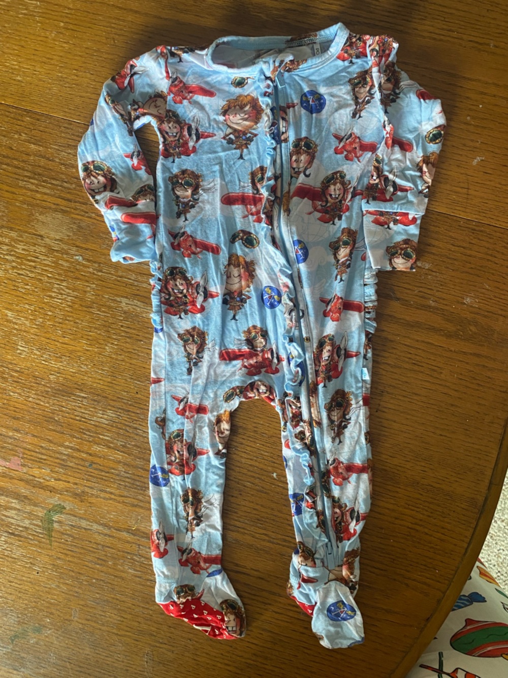 Blue Amelia Earhart Print Kids One-Piece Pajamas